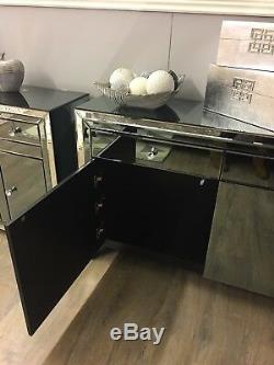 Large Arctic Noir Mirror Trim 2 Drawer 2 Door Cabinet Sideboard Storage Cupboard