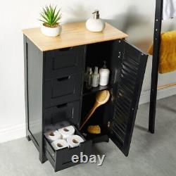 Large Bathroom Cabinet Black Wooden Storage Cupboard Unit 1 Door 4 Drawers NEW