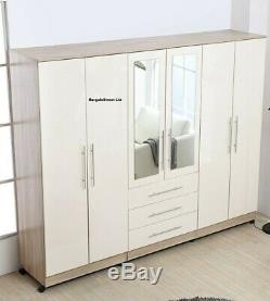 Large Bedroom Mirror High Gloss Wardrobe 6 Door 3 Drawers WHITE, BLACK or GREY