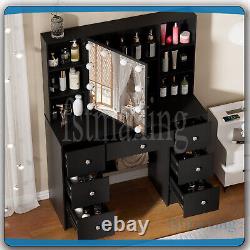 Large Black Dressing Table With LED Mirror &Push-To-Open Door Vanity Makeup Desk