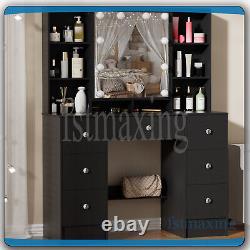 Large Black Dressing Table With LED Mirror &Push-To-Open Door Vanity Makeup Desk