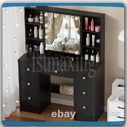 Large Black Dressing Table With LED Mirror &Push-To-Open Door Vanity Makeup Desk