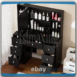 Large Black Dressing Table With LED Mirror &Push-To-Open Door Vanity Makeup Desk