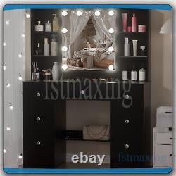 Large Black Dressing Table With LED Mirror &Push-To-Open Door Vanity Makeup Desk