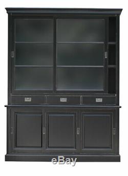 Large Black Wood Bookcase Display Dresser with Sliding Glass Doors and Drawers