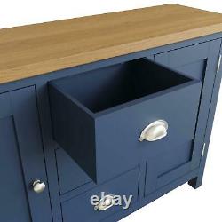 Large Blue 2 Door Wooden Sideboard Storage 3 Drawers 2 Internal Shelves Oak Top