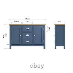 Large Blue 2 Door Wooden Sideboard Storage 3 Drawers 2 Internal Shelves Oak Top