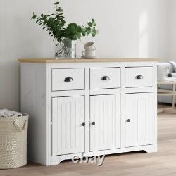 Large Classic Solid Pine Wood White Sideboard Storage Cabinet 3 Drawers Doors