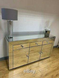 Large Clear Silver Mirrored Glass 3 Door 3 Drawer Cabinet Sideboard Cupboard