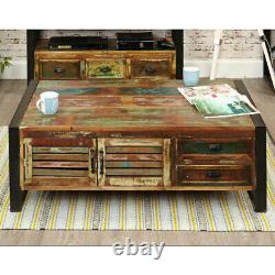 Large Coffee Table, 4 Doors 4 Drawers, Multicoloured Reclaimed Wood, Baumhaus