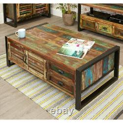 Large Coffee Table, 4 Doors 4 Drawers, Multicoloured Reclaimed Wood, Baumhaus