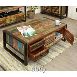 Large Coffee Table, 4 Doors 4 Drawers, Multicoloured Reclaimed Wood, Baumhaus