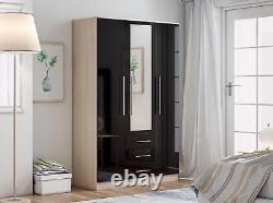 Large Combi 3 Door Mirrored Fitment Wardrobe, 3 Drawers, in High Gloss Black