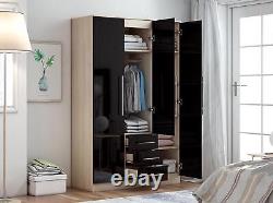 Large Combi 3 Door Mirrored Fitment Wardrobe, 3 Drawers, in High Gloss Black