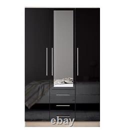 Large Combi 3 Door Mirrored Fitment Wardrobe, 3 Drawers, in High Gloss Black