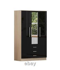 Large Combi 3 Door Mirrored Fitment Wardrobe, 3 Drawers, in High Gloss Black