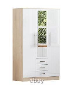 Large Combi 3 Door Mirrored Fitment Wardrobe, 3 Drawers, in High Gloss White