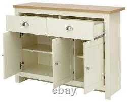 Large Cream Sideboard Storage Unit 2 Drawer 3 Door Metal Handles Oak Finish Top