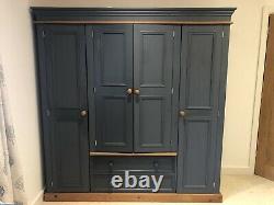 Large Dark Blue Painted Solid Wood Quadruple 4 Door Wardrobe With Drawers