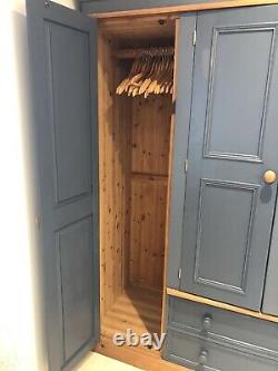 Large Dark Blue Painted Solid Wood Quadruple 4 Door Wardrobe With Drawers