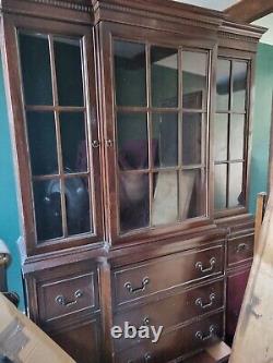 Large Dark Wood Display Cabinet With Drop-down Bureau (Desk) Section