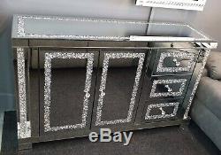 Large Diamond Crush Crystal Sideboard Sparkly Silver Mirrored 3 Drawer 2 Door