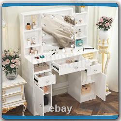 Large Dressing Table With 5 Drawers Mirror &Push-To-Open Door Vanity Makeup Desk