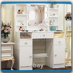 Large Dressing Table With 5 Drawers Mirror &Push-To-Open Door Vanity Makeup Desk