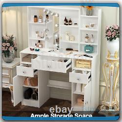 Large Dressing Table With 5 Drawers Mirror &Push-To-Open Door Vanity Makeup Desk