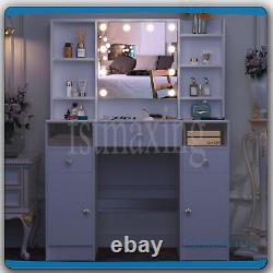 Large Dressing Table With 5 Drawers Mirror &Push-To-Open Door Vanity Makeup Desk