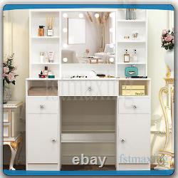 Large Dressing Table With 5 Drawers Mirror &Push-To-Open Door Vanity Makeup Desk