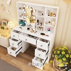 Large Dressing Table With LED Light Mirror 10 Storage Shelves Vanity Makeup Desk