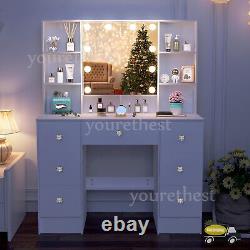 Large Dressing Table With LED Light Mirror 10 Storage Shelves Vanity Makeup Desk