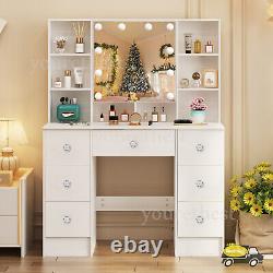 Large Dressing Table With LED Light Mirror 10 Storage Shelves Vanity Makeup Desk