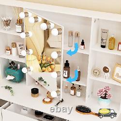 Large Dressing Table With LED Light Mirror 10 Storage Shelves Vanity Makeup Desk