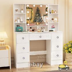 Large Dressing Table With LED Light Mirror 10 Storage Shelves Vanity Makeup Desk