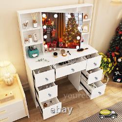 Large Dressing Table With LED Light Mirror 10 Storage Shelves Vanity Makeup Desk