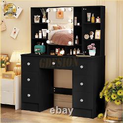 Large Dressing Table With LED Mirror & 7 Drawers Shelf Black Makeup Vanity Desk