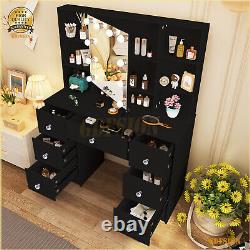 Large Dressing Table With LED Mirror & 7 Drawers Shelf Black Makeup Vanity Desk