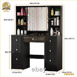 Large Dressing Table With LED Mirror & 7 Drawers Shelf Black Makeup Vanity Desk