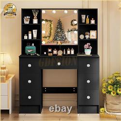 Large Dressing Table With LED Mirror & 7 Drawers Shelf Black Makeup Vanity Desk