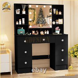 Large Dressing Table With LED Mirror & 7 Drawers Shelf Black Makeup Vanity Desk