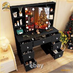 Large Dressing Table With LED Mirror & 7 Drawers Shelf Black Makeup Vanity Desk