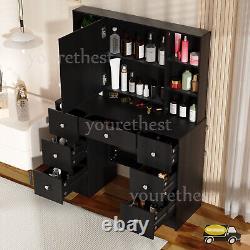 Large Dressing Table With Mirror & LED Lights 7 Drawers Black Vanity Makeup Desk