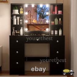 Large Dressing Table With Mirror & LED Lights 7 Drawers Black Vanity Makeup Desk