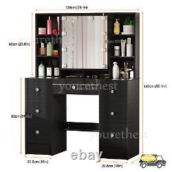 Large Dressing Table With Mirror & LED Lights 7 Drawers Black Vanity Makeup Desk