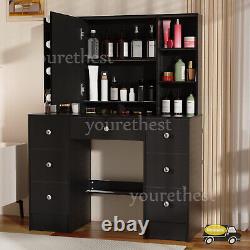 Large Dressing Table With Mirror & LED Lights 7 Drawers Black Vanity Makeup Desk