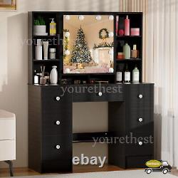 Large Dressing Table With Mirror & LED Lights 7 Drawers Black Vanity Makeup Desk