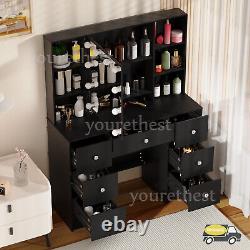 Large Dressing Table With Mirror & LED Lights 7 Drawers Black Vanity Makeup Desk