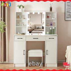 Large Dressing Table with LED Mirror 3 Drawers 2 Door Makeup Dresser Desk with Stool